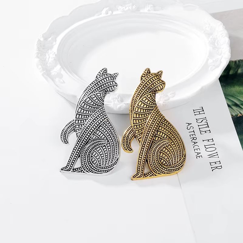 2-Pc Geometric Cat Brooch Set | Gold & Silver Tone Woven Design Pin Gift
