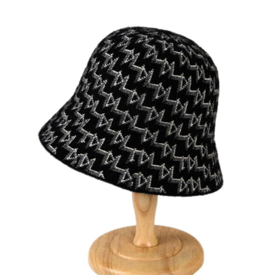 Women's Winter Knitted Bucket Hat Black Gray ZigZag Geometric Pattern Wool Blend