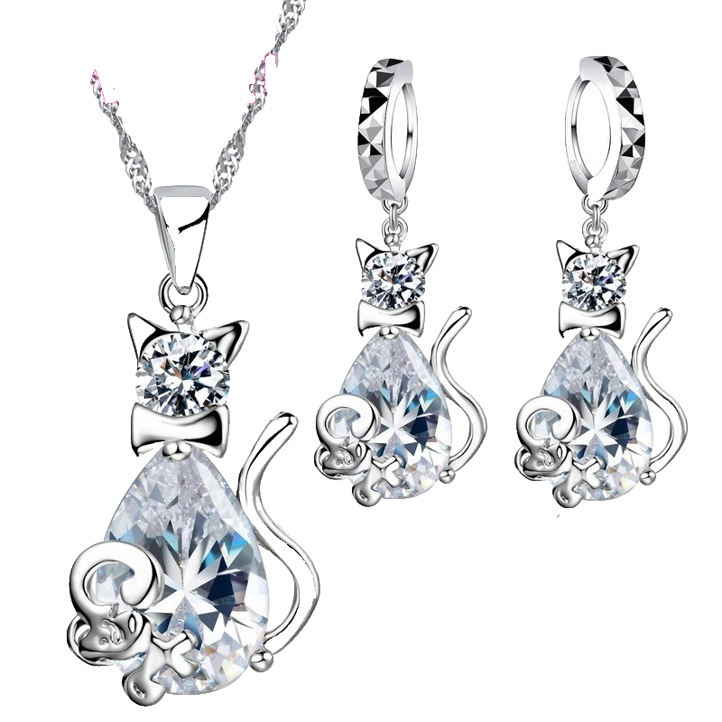 Sterling Silver Cat Necklace Earrings Set Cubic Zirconia Dainty Jewelry Gift