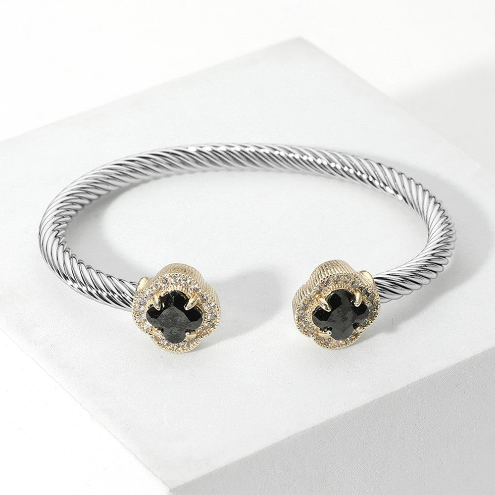 2pcs Quatrefoil CZ Stone End Twisted Cable Cuff Bracelet in Silver and Gold Tone