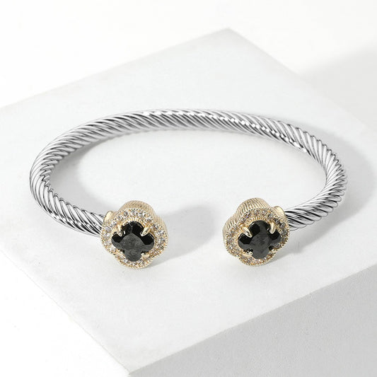 2pcs Quatrefoil CZ Stone End Twisted Cable Cuff Bracelet in Silver and Gold Tone