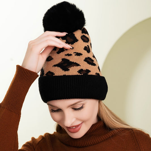Leopard Print Pom Pom Beanie Knit Winter Hat with Faux Fur Topper for Women