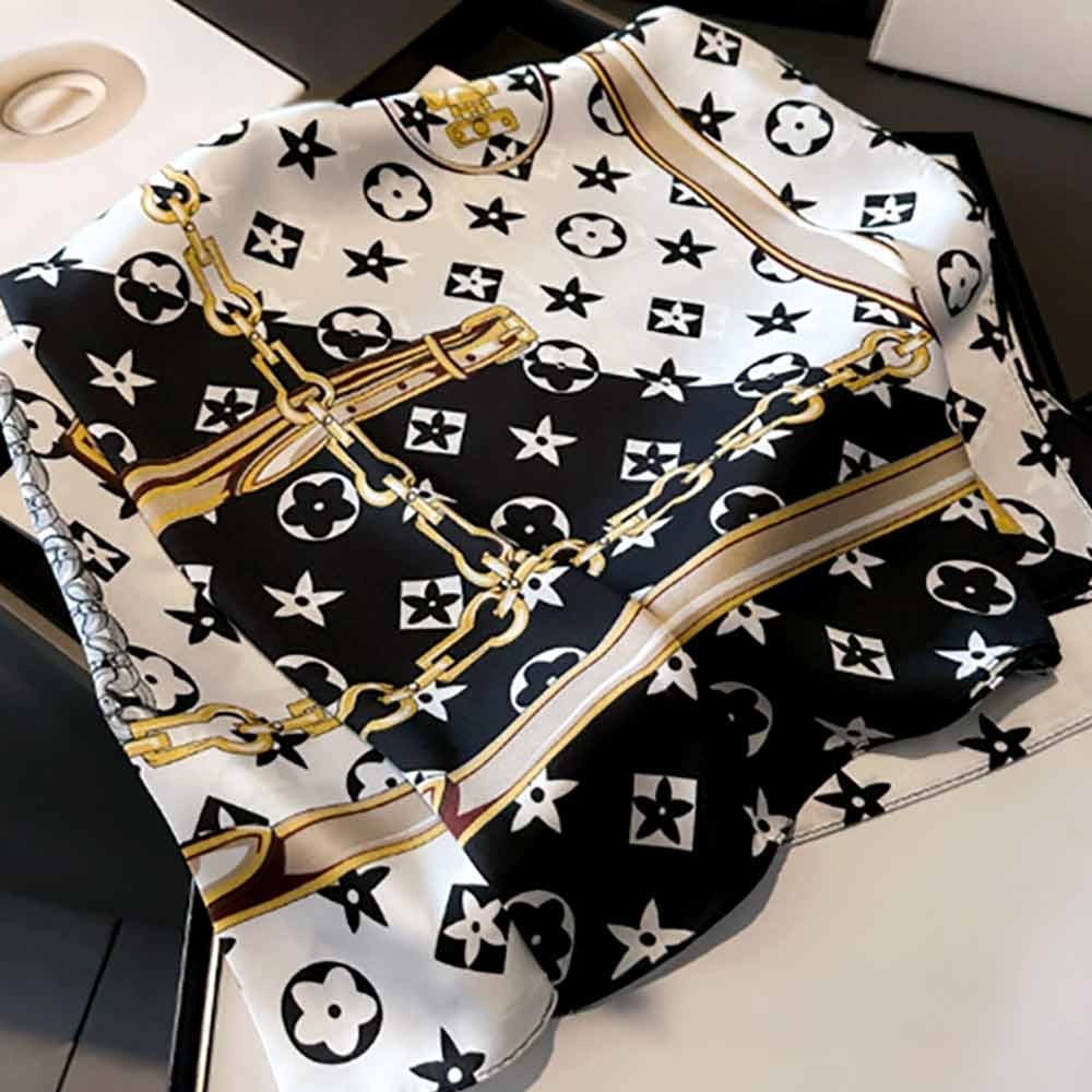 Luxury Monogram Chain Print Square Silk-Feel Head Neck Scarf Wrap 27.5x27.5 Inch