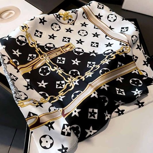 Luxury Monogram Chain Print Square Silk-Feel Head Neck Scarf Wrap 27.5x27.5 Inch