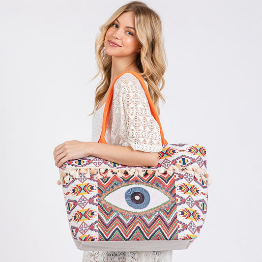 Evil Eye Boho Print Pom Pom Fringe Tote Bag Colorful Shoulder Bag for Women
