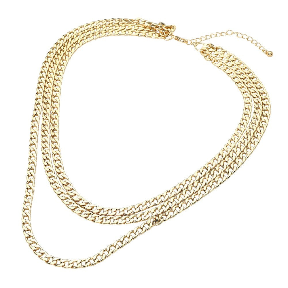 Triple Row Gold Tone Curb Chain Necklace - Layered Fashion Jewelry