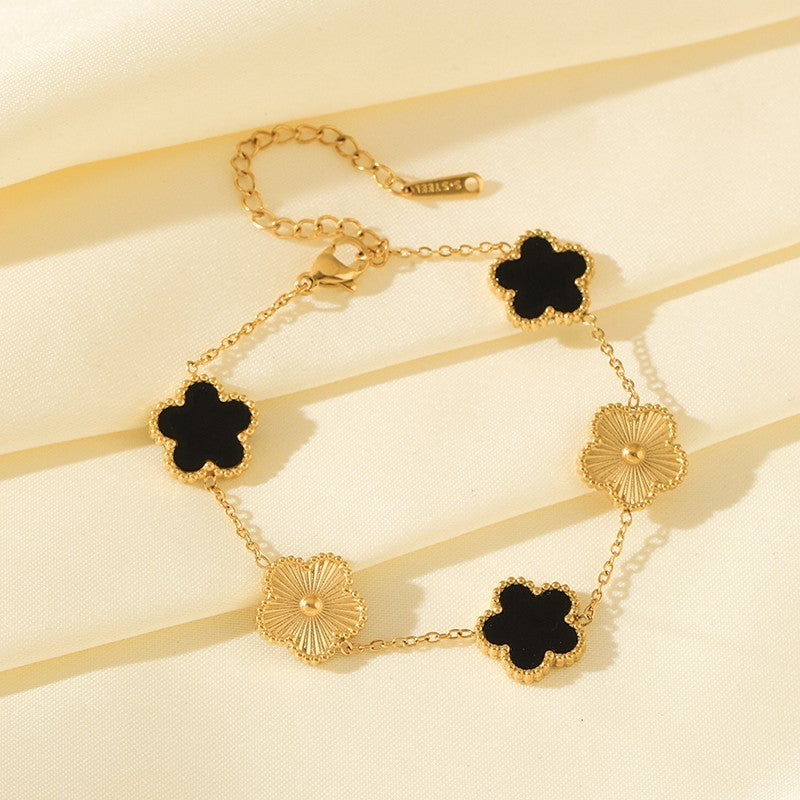 Vintage Clover Lucky Charm Bracelet Gold Black Floral Chain Fashion Jewelry