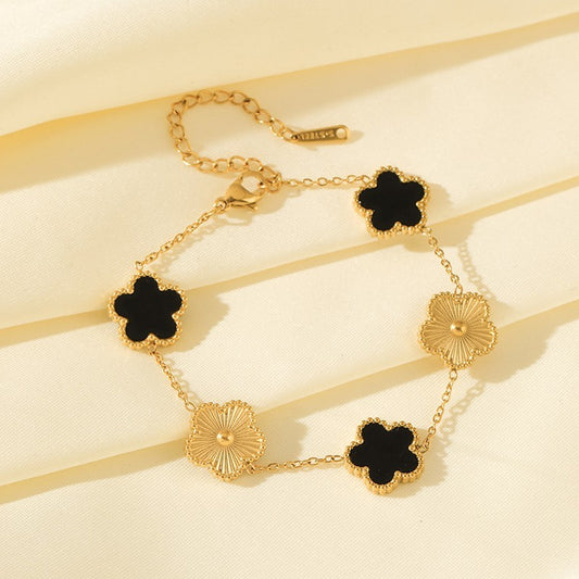 Vintage Clover Lucky Charm Bracelet Gold Black Floral Chain Fashion Jewelry