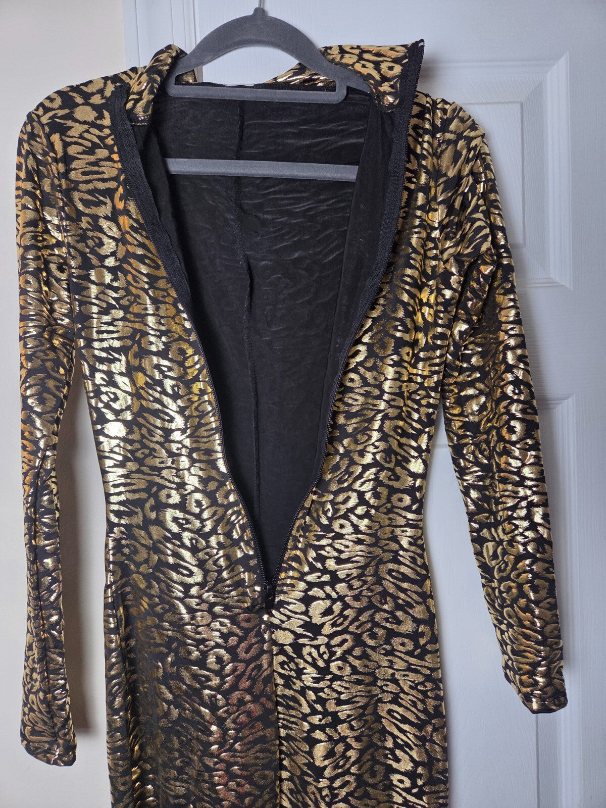 Women’s Leopard Print Bodysuit Jumpsuit Cat Costume Gold Detail Size US S/M