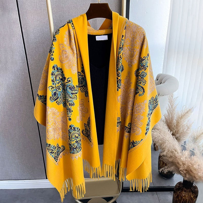 Yellow Embroidered Cashmere Feel Shawl Wrap Oversized Paisley Fringed Scarf