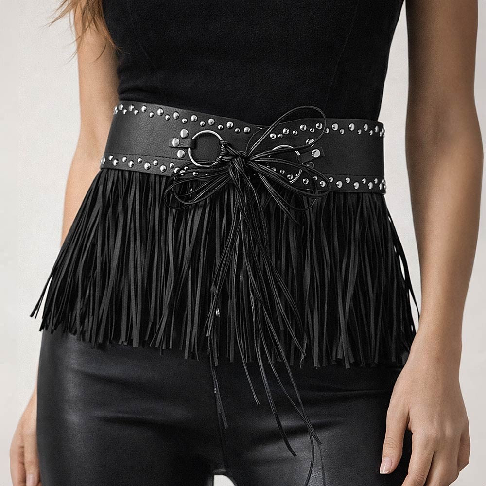 Women's Black Faux Leather Studded Fringe Obi Belt Western Tassel Cinch Tie