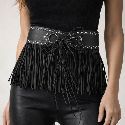 Women's Black Faux Leather Studded Fringe Obi Belt Western Tassel Cinch Tie