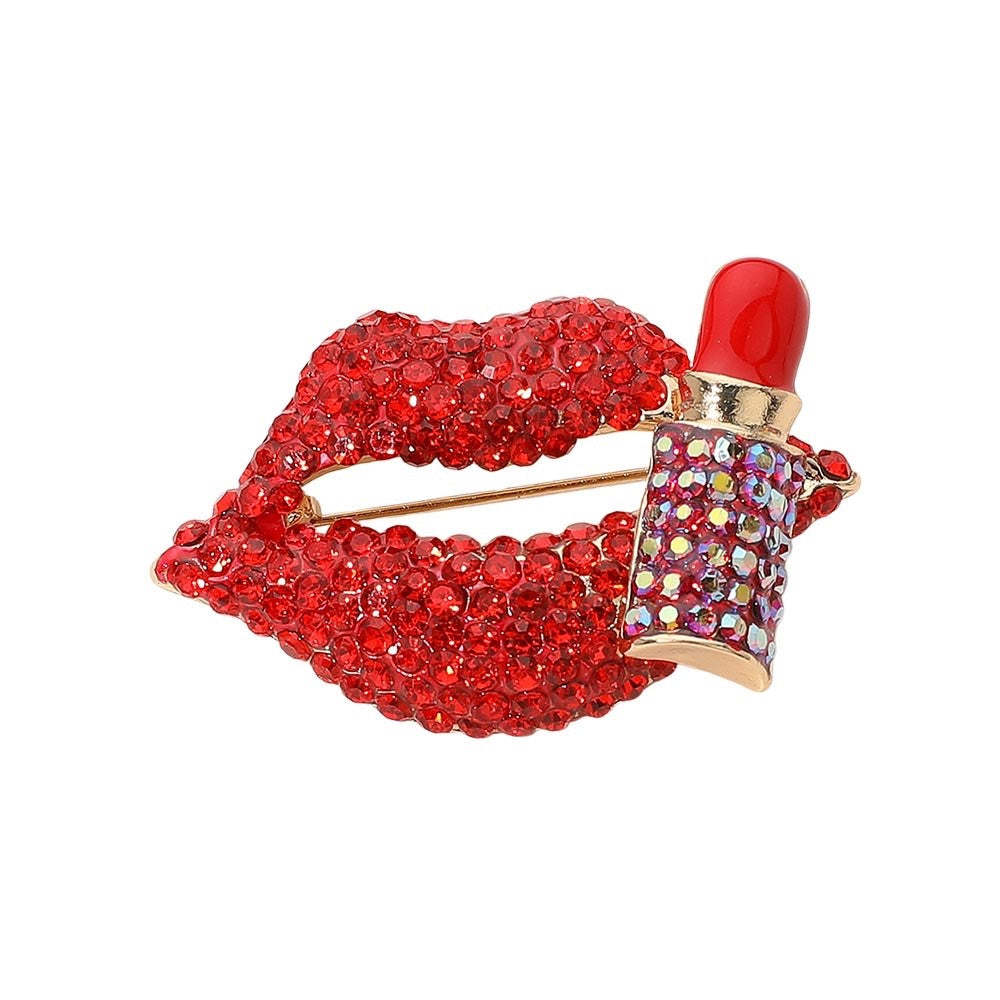 Red Crystal Pouty Lips and Lipstick Gold Tone Fashion Brooch Pin Statement
