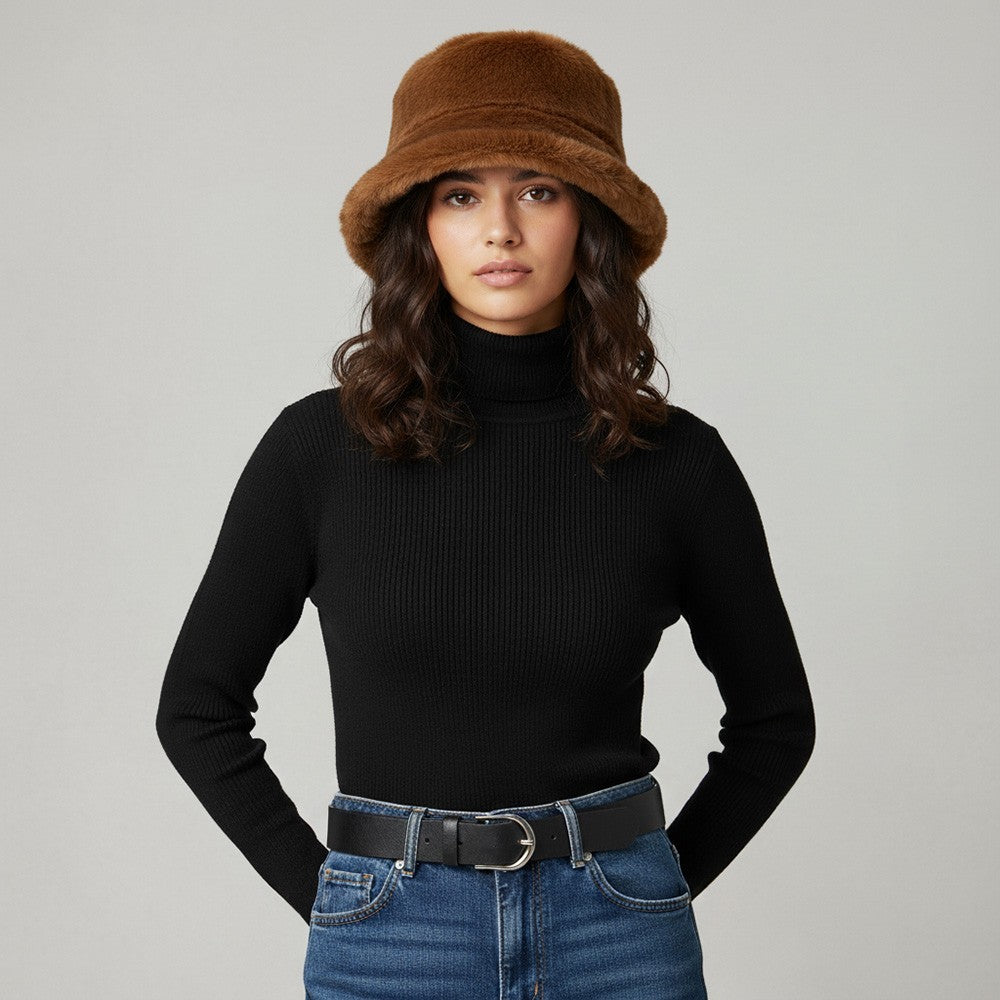 Brown  Faux Fur Bucket Hat Winter Wide Brim Cozy Plush Unisex One Size Warm