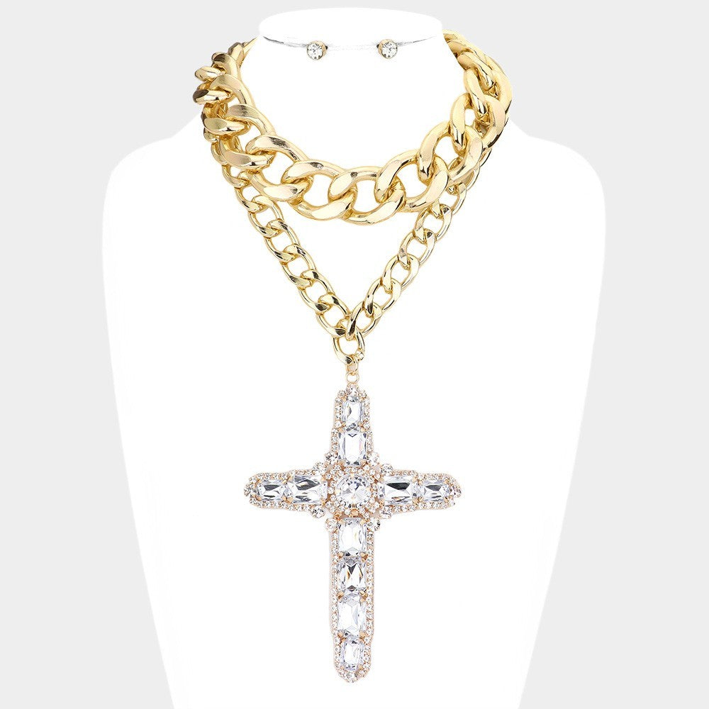 Crystal Cross Statement Necklace Set  for Women  Gold Chunky Curb Chain
