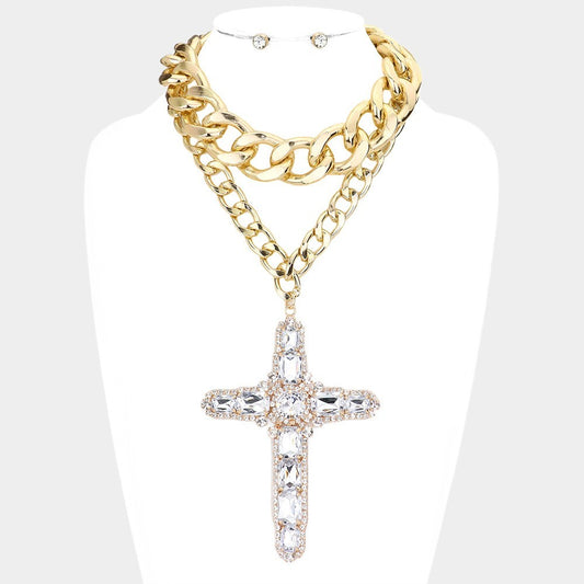 Crystal Cross Statement Necklace Set  for Women  Gold Chunky Curb Chain