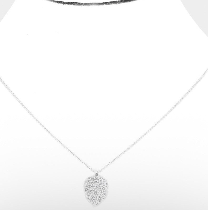 2pcs Silver Monstera Leaf Pendant Necklace Rhinestone Stud Earrings