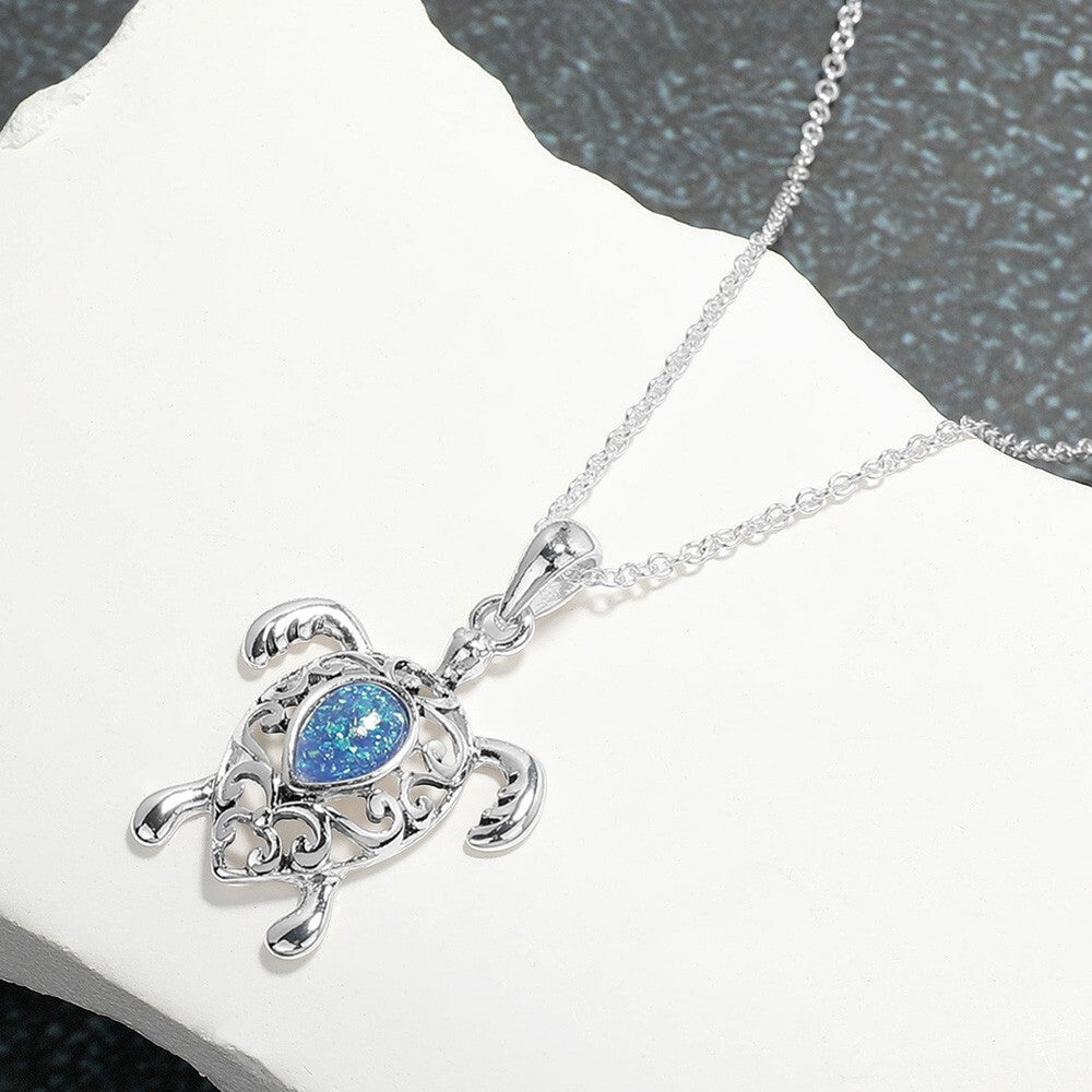 Sea Glass Pointed Metal Turtle Pendant Necklace Ocean Inspired Jewelry for Women