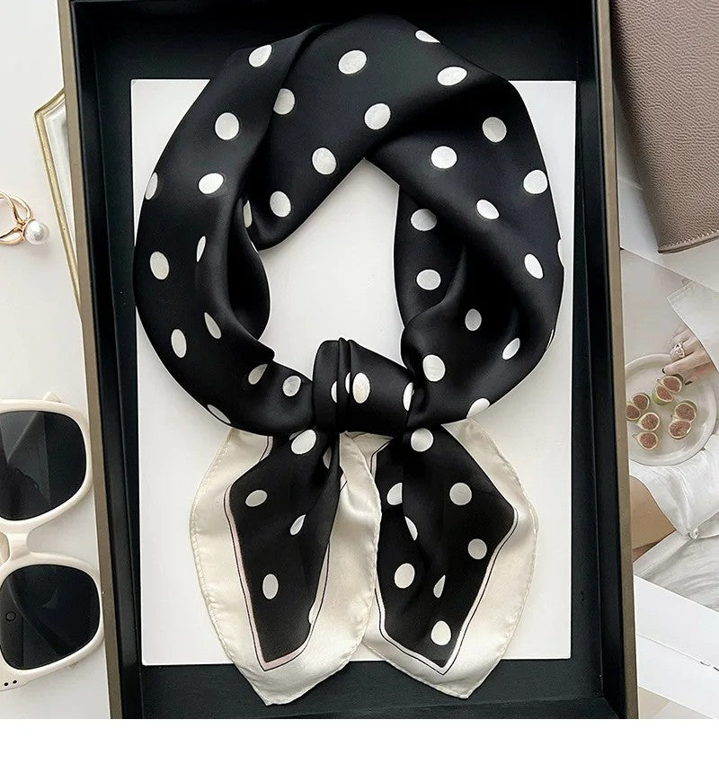 2pcs Polka Dot Silk Feel Square Neck Scarf Yellow Black Hair Head Wrap Set