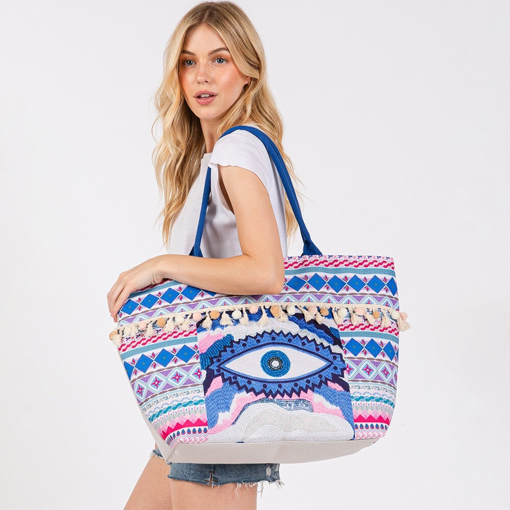 Evil Eye Boho Print Pom Pom Fringe Tote Bag Colorful Shoulder Bag for Women
