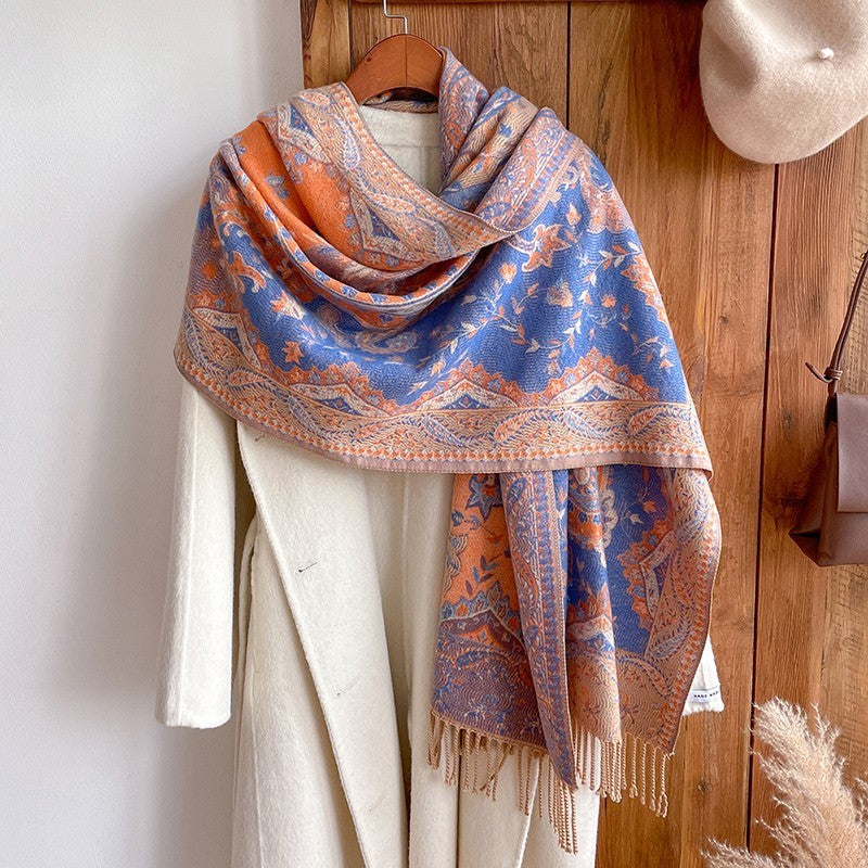 Reversible Blue Orange Paisley Cashmere Feel Shawl Wrap Fringe