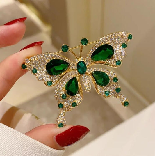 Retro Green Emerald Crystal Butterfly Brooch for Women Girls Elegant Pin