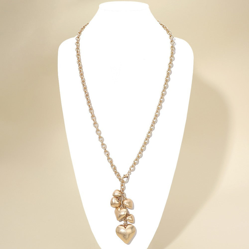 Women Worn Gold Chunky Puffy Heart Cluster Drop Chain Long Necklace with Lobster