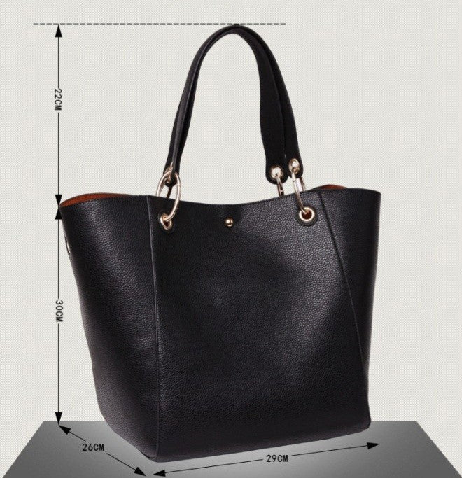 Black Pebbled Faux Leather Tote Handbag W/ Removable Pouch Gold Ring Accents