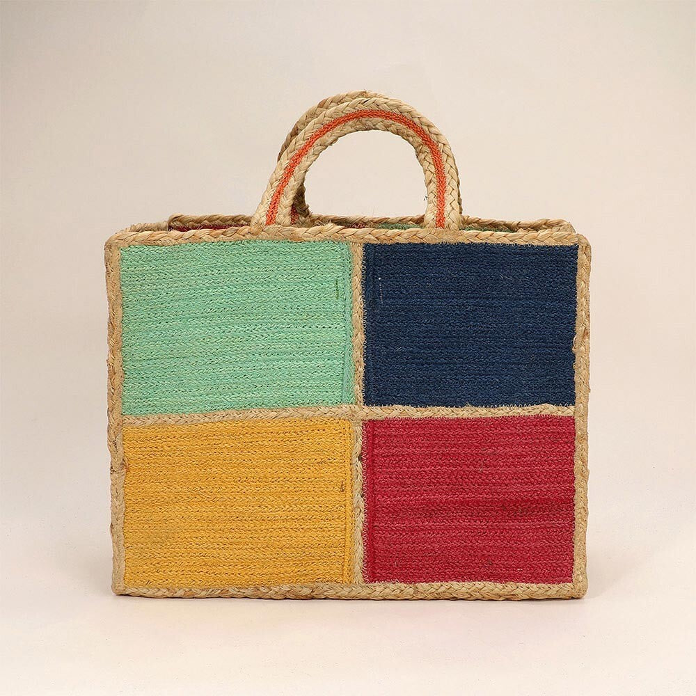 Color Block Jute Tote Bag for Women Boho Eco-Friendly Woven Handbag Summer Purse