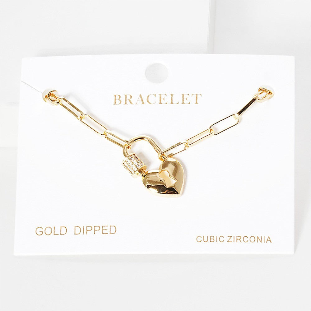 Gold Paperclip Chain Bracelet Heart Lock Charm CZ Statement Jewelry for Women