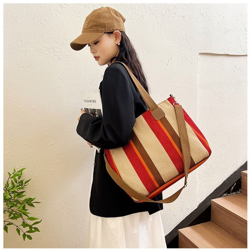 Women's Striped Canvas Tote Bag with Crossbody Strap – Beach Travel Shoulder Bag
