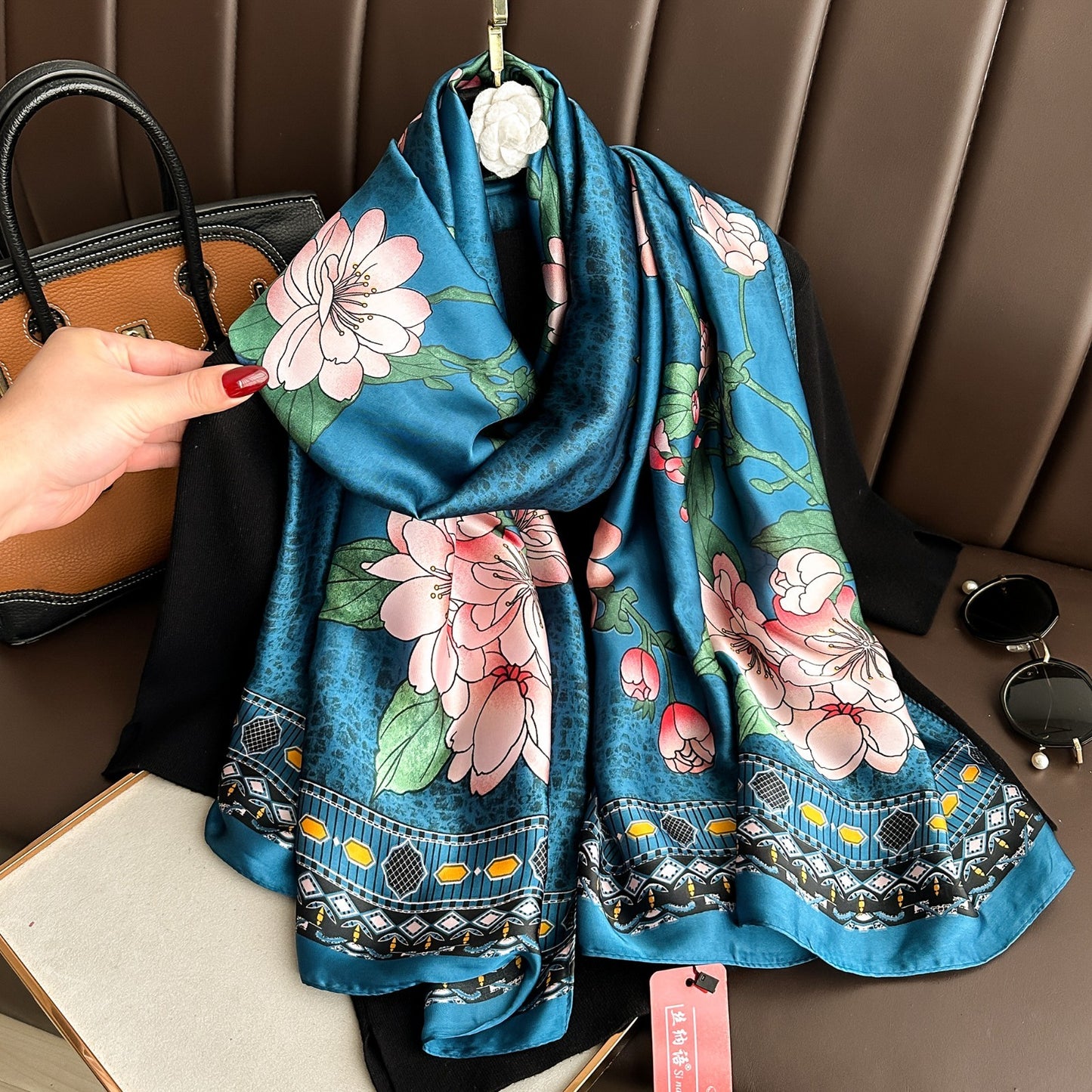 Teal Blue Floral Silk Feel Scarf Women's Large Shawl Wrap 71" x 35"