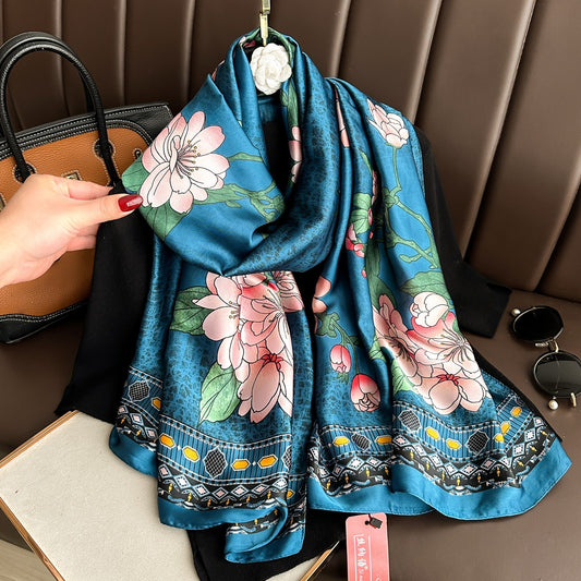 Teal Blue Floral Silk Feel Scarf Women's Large Shawl Wrap 71" x 35"