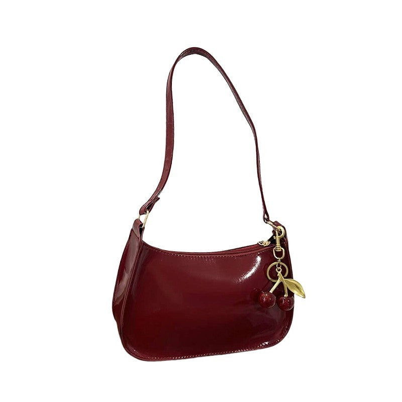 Glossy Cherry Red Patent Shoulder Baguette Bag with Cherry Charm Y2K Aesthetic
