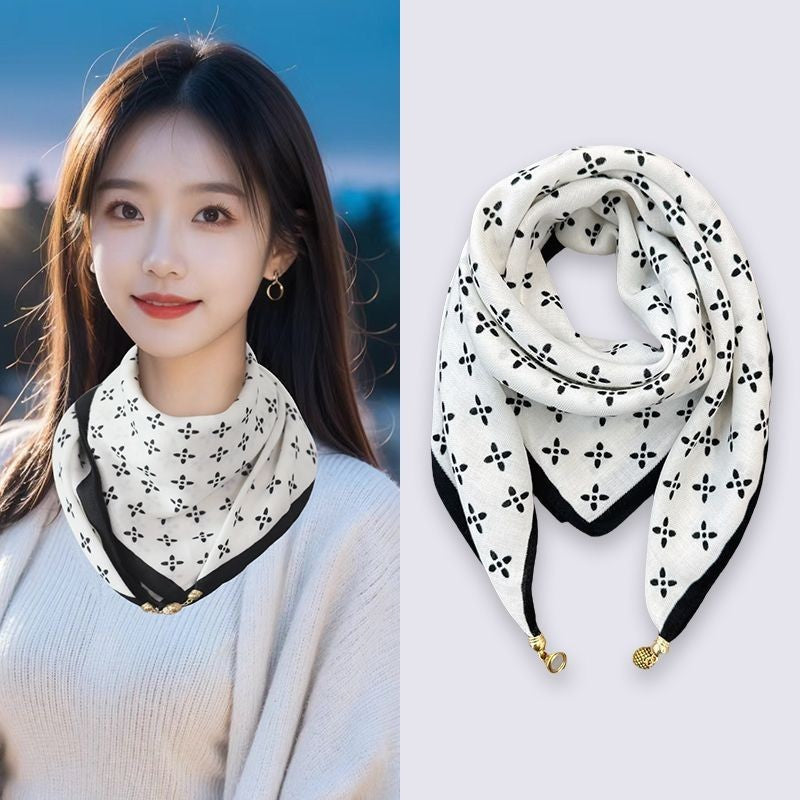 Black White Clover Print Neckerchief Bandana Scarf Gold Charms