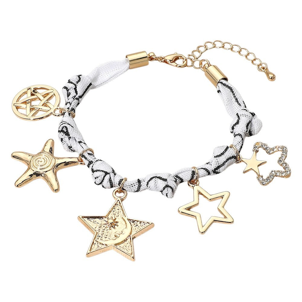 Gold Celestial Star Moon White Fabric Knot Charm Bracelet Adjustable 7" + 2"