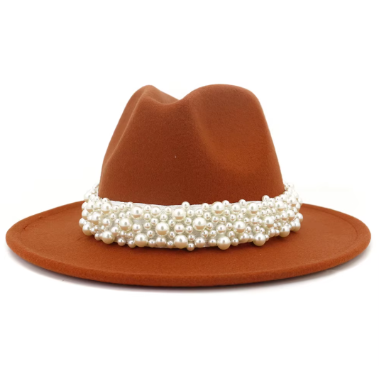 White Felt Jazz Fedora Hat with Pearl Band Wide Brim Elegant Dressy Accessory