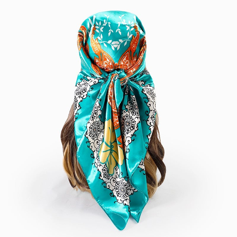 Women's Teal Orange Paisley Floral Satin Square Scarf Head Neck Wrap Bandana