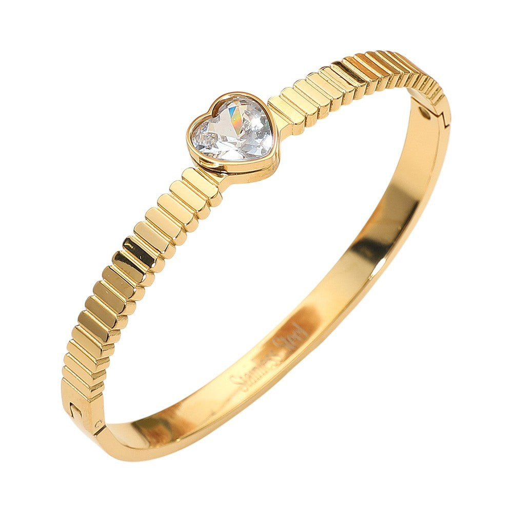 Stainless Steel Heart Stone Accent Hinged Bangle Bracelet for Women