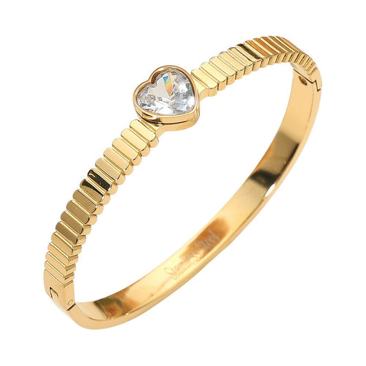 Stainless Steel Heart Stone Accent Hinged Bangle Bracelet for Women