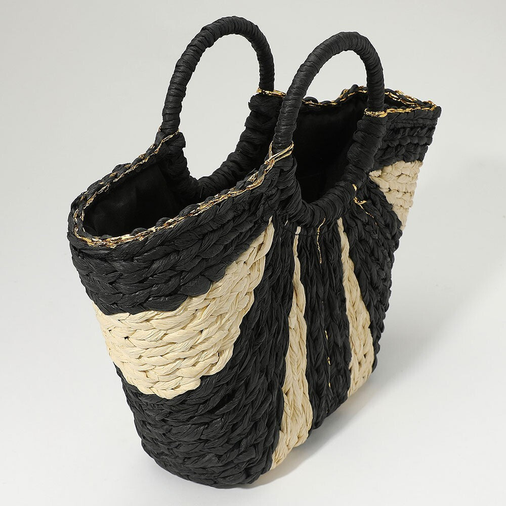 Black and Beige Woven Raffia Tote Bag for Women Round Handle Straw Handbag