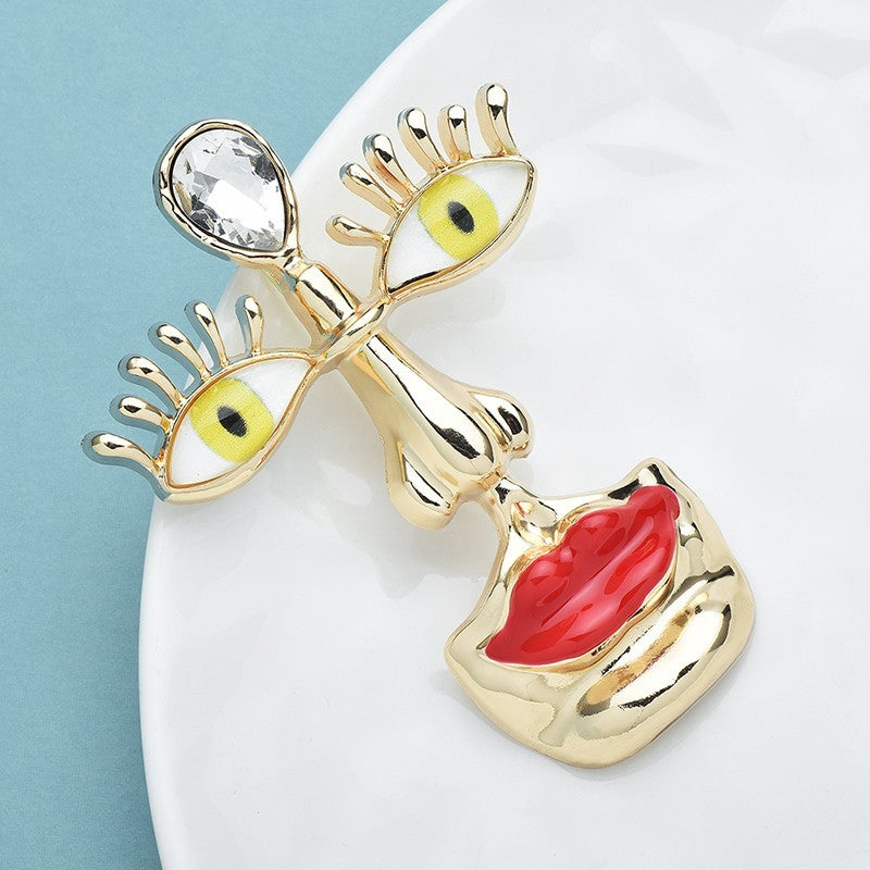 Gold Abstract Face Brooch Pin Red Lips Yellow Eyes Crystal Modern Art Statement