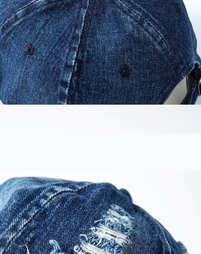 Distressed Ripped Denim Baseball Cap Deep Blue Dad Hat Adjustable Unisex