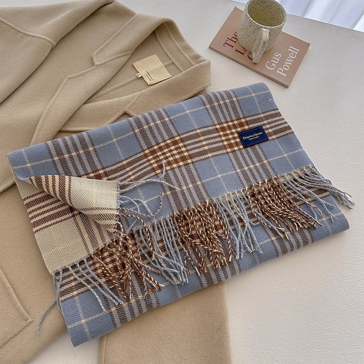 Blue Plaid Scarf Cashmere Feel Soft Winter Shawl Wrap Fringe 20 x 79 in