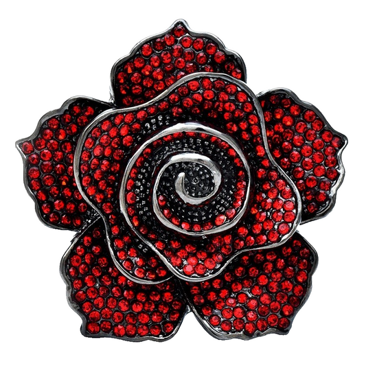 Red Crystal Rose Brooch Pin Black Metal Floral Costume Jewelry