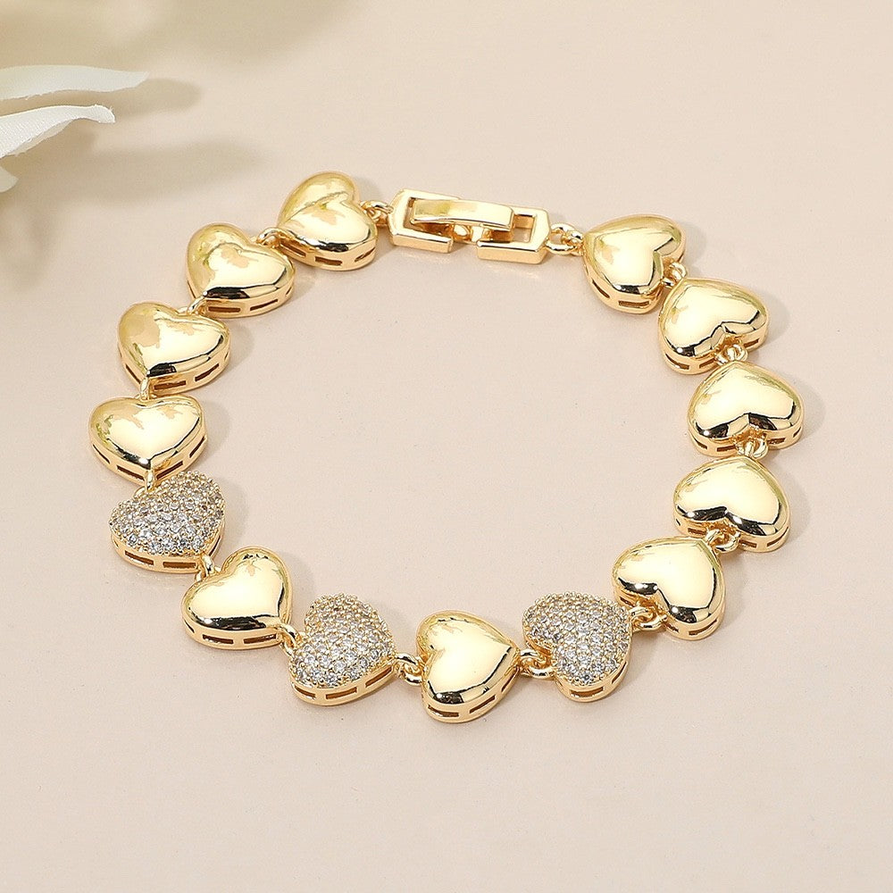 Gold Tone Pave Cubic Zirconia Heart Link Bracelet for Women