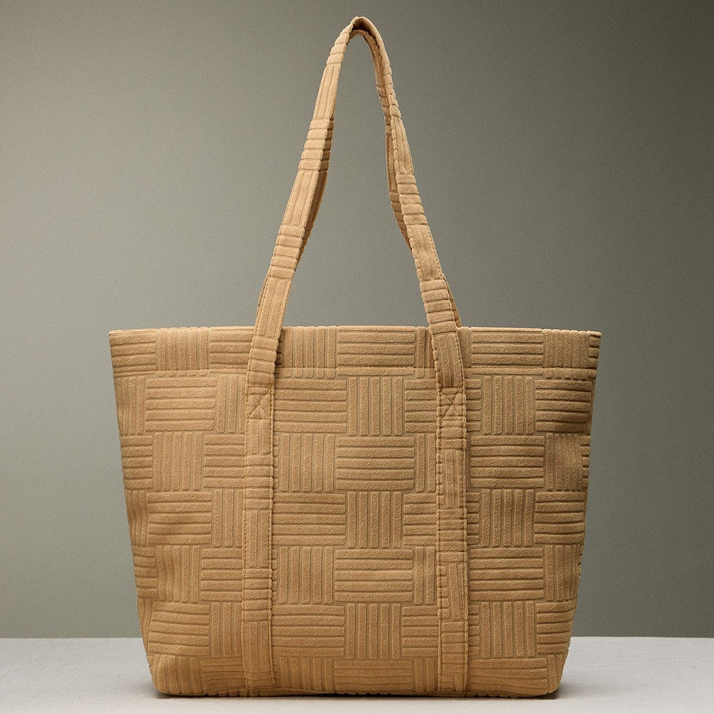 Oversized Tan Quilted Tote Bag Plush Basketweave Shoulder Beach Travel Gym