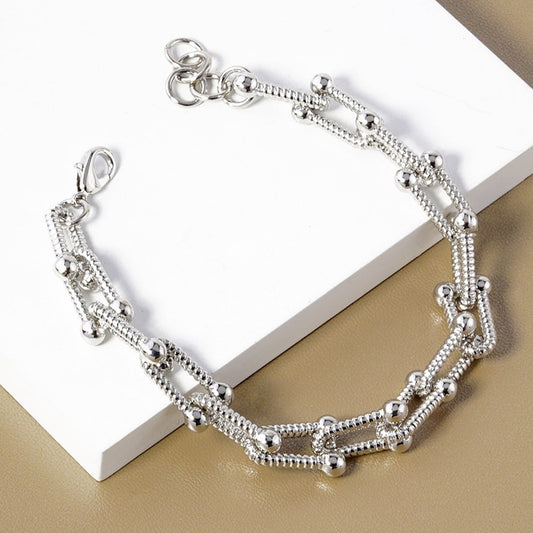 White Gold Dipped Textured Metal Chain Bracelet for Women Girls Fashion Jewelry