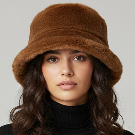 Brown  Faux Fur Bucket Hat Winter Wide Brim Cozy Plush Unisex One Size Warm