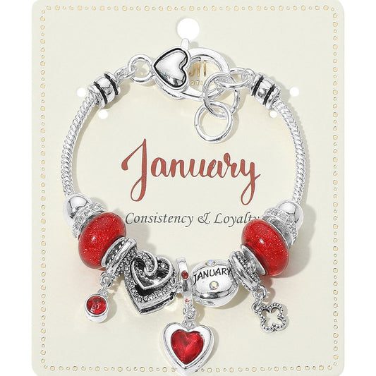 January Birthstone Heart Charm Beaded Bracelet Red Multi Layer Stretch Jewelry